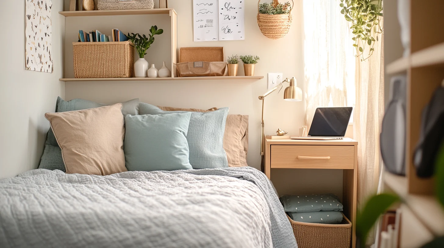 A styled dorm bed with layered linen pillows below a shelf of baskets, books, small plants, and framed art — personal touches that make the space feel chosen