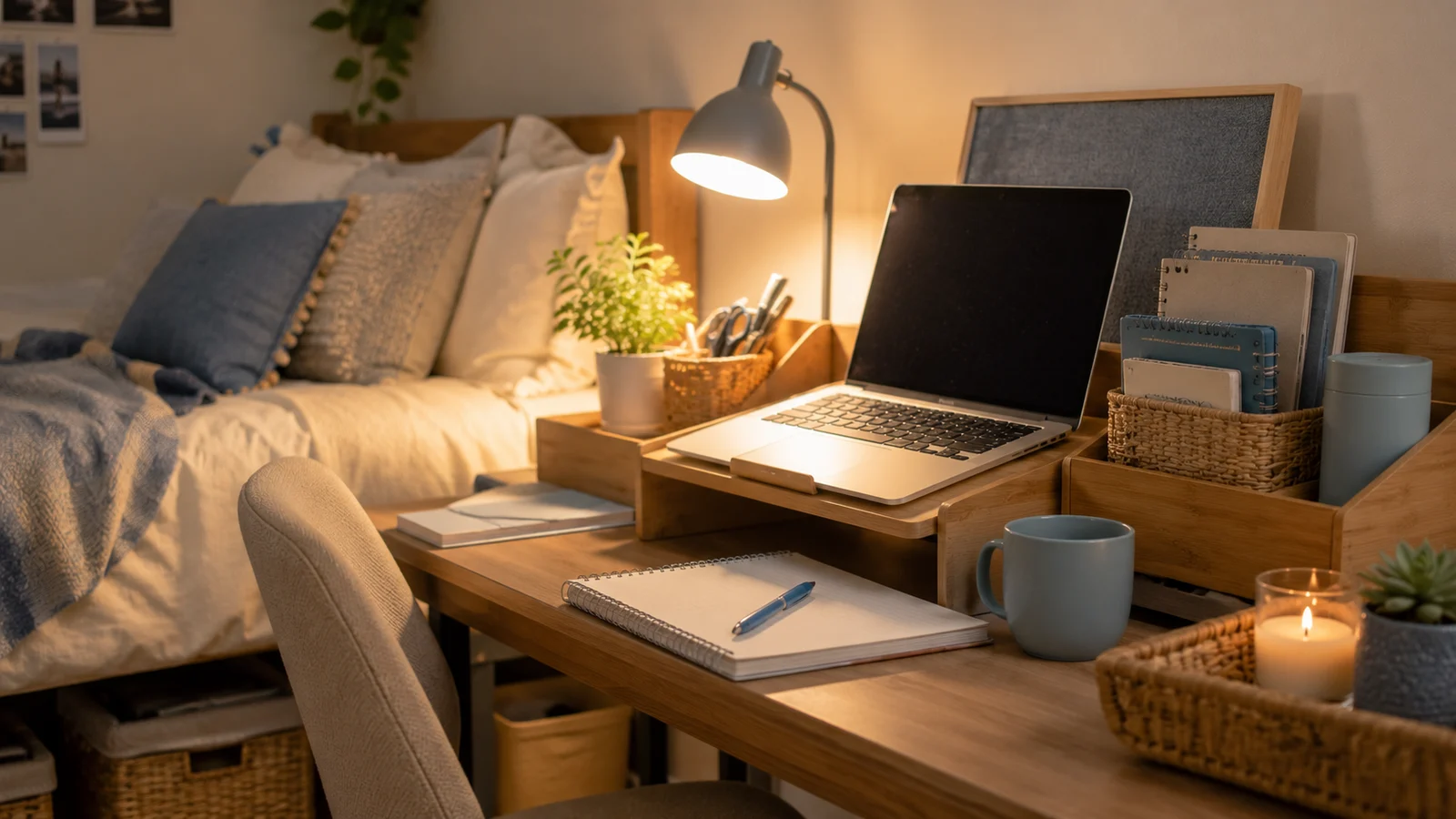 A tidy dorm desk with a warm gooseneck lamp, laptop, a wooden caddy of pens, and a desk organizer beside the bed