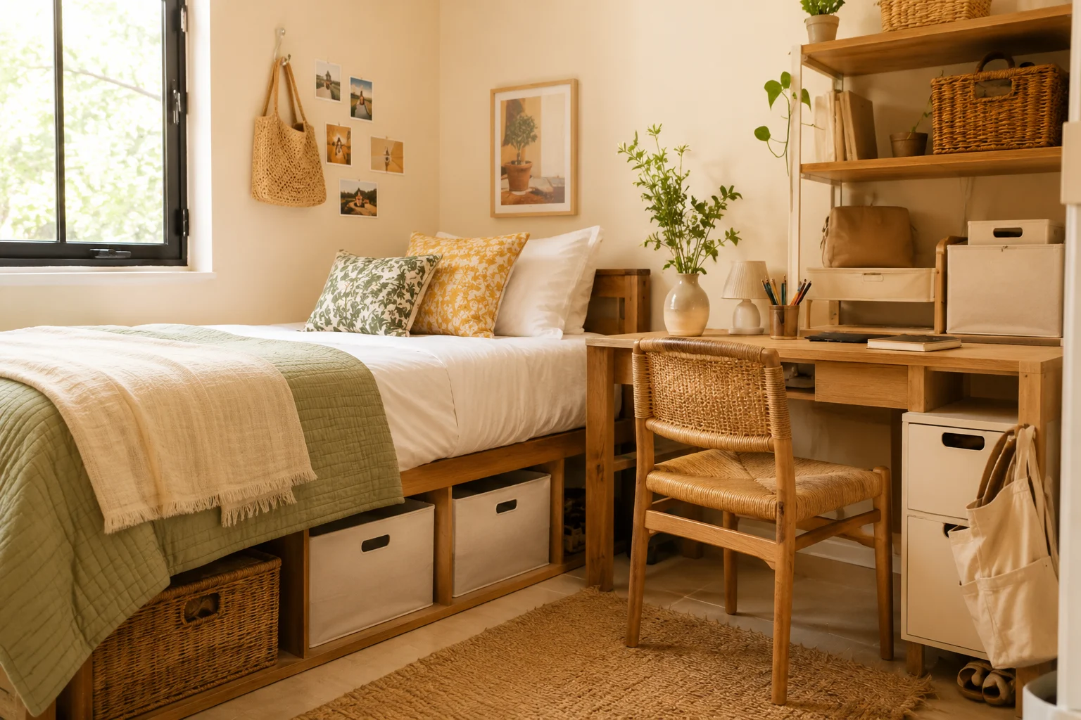 A warm dorm room grounded by a natural jute rug, with under-bed storage baskets, a wooden desk, and a woven chair