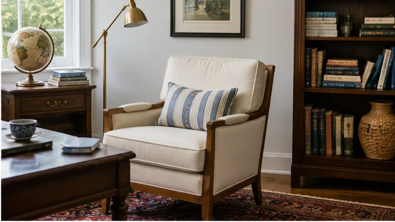 A wood-framed accent chair in cream upholstery styled with a striped pillow, near a dark wood bookcase and a brass floor lamp