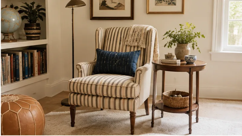 A striped blue-and-cream wingback accent chair styled with a navy patterned pillow and a folded throw, next to a round wood side table and brass floor lamp