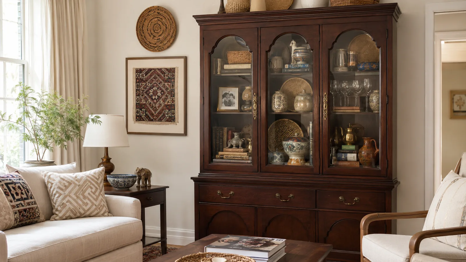 A dark wood glass-front china cabinet restyled as a collection cabinet, holding pottery, books, a framed photograph, glassware, and decorative objects, with woven baskets on top