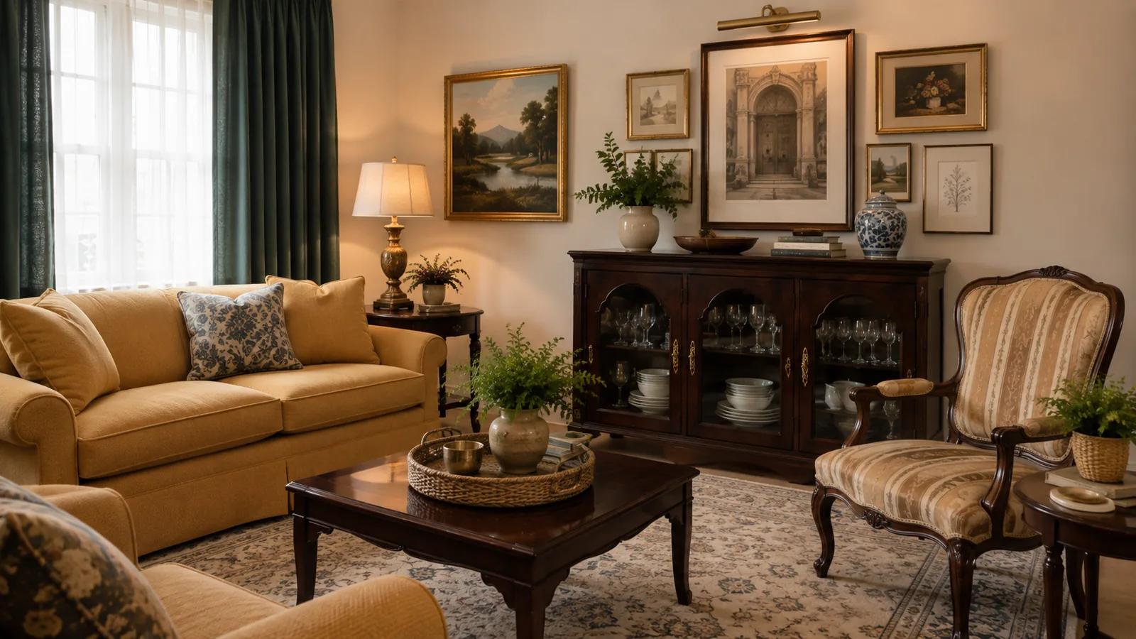 A finished traditional living room with a gold sofa, dark wood sideboard displaying glassware and dinnerware, and a gallery wall of framed art, warm and lived-in