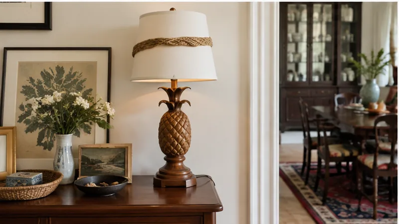 A carved wood pineapple-base table lamp with a cream shade wrapped in jute rope trim, styled on a dark wood console with flowers and framed art