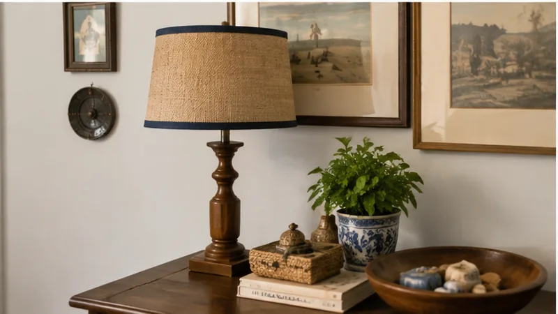 A wood table lamp with a jute lampshade trimmed in navy ribbon, styled on a dark wood table with a blue-and-white ginger jar and a small potted plant
