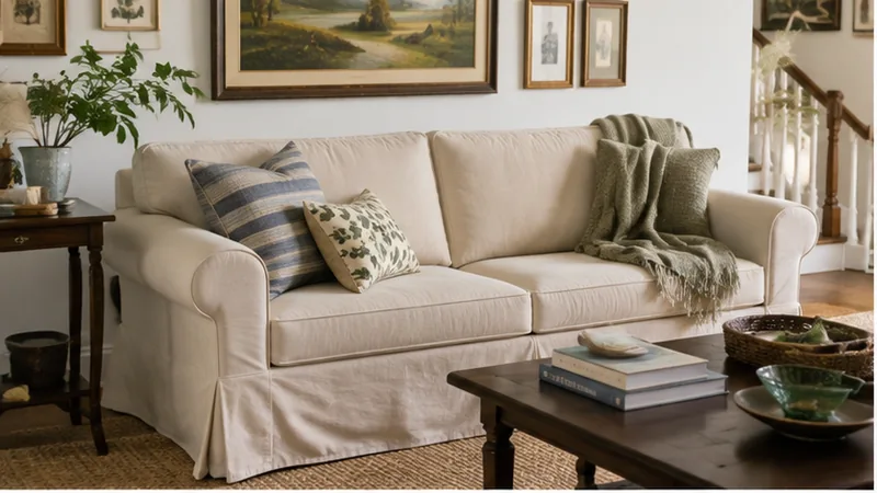 A cream fitted slipcover on a sofa, styled with blue-striped and green botanical pillows and an olive throw, gallery wall of landscape art above