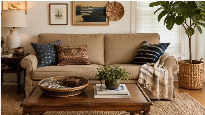 A beige linen sofa styled with navy patterned and striped pillows, an ikat throw, and a woven basket planter, gallery art above