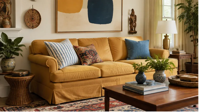 A mustard-gold sofa styled with striped and patterned pillows, abstract art above, and a patterned rug