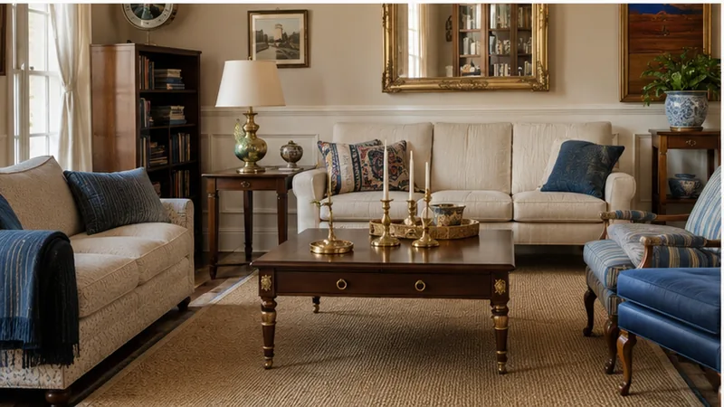 Classic American corner: cream sofa and striped blue armchair, brass candlesticks on a dark wood coffee table, and a gilt mirror