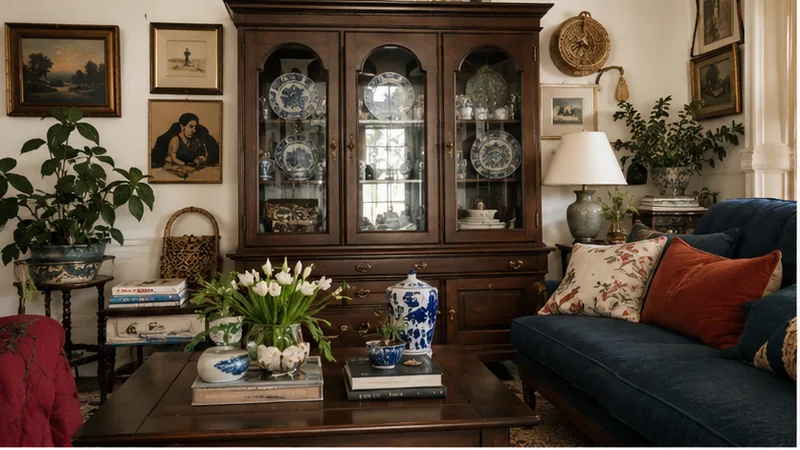 Collected-traditional corner: dark wood china cabinet with blue-and-white plates, a navy sofa with rust and floral pillows, and layered collected objects