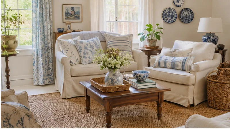 Lighter English-country corner: cream slipcovered sofa and armchair with blue-and-white floral pillows, a ginger jar lamp, and a jute rug