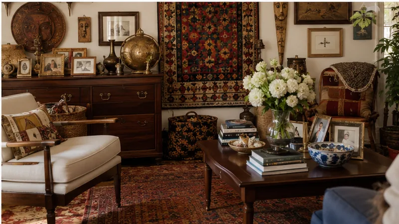 An eclectic collected corner with a geometric woven textile wall hanging, a dark wood dresser topped with framed photos and brass objects, and a cream sofa with patterned pillows