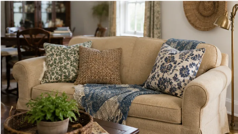 A beige linen sofa refreshed with green floral, brown patterned, and navy floral pillows plus a blue ikat throw, styled with a woven tray and greenery