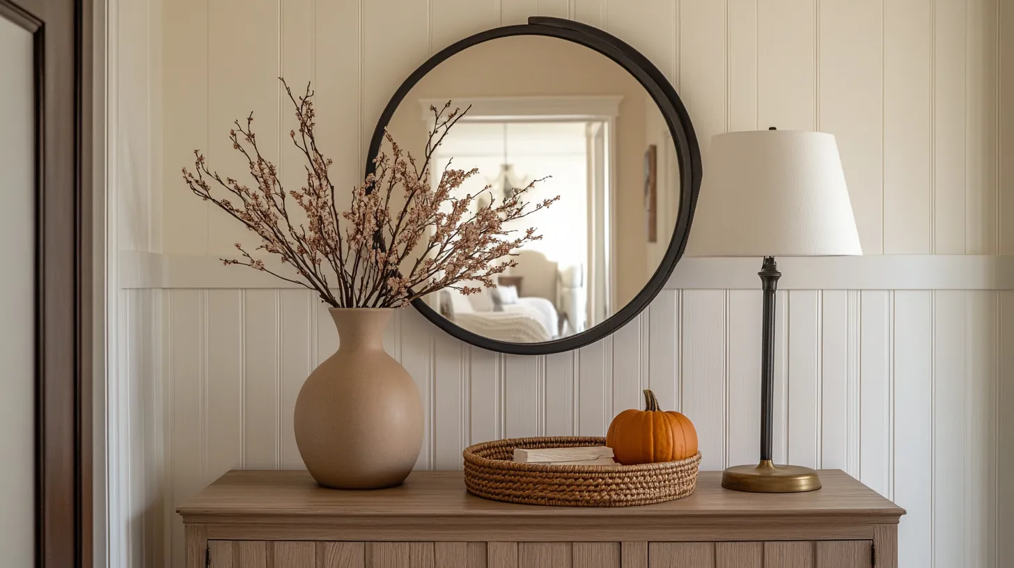 An entryway console with a single early fall focal point — one branch arrangement and a warm lamp, the rest of the space left as it is