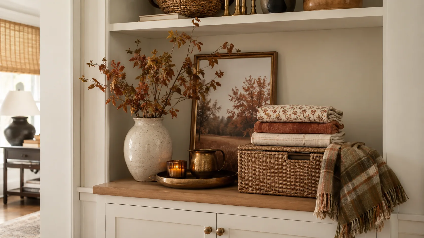 A neutral living room corner with green plants, natural wood furniture, and woven textures left untouched from summer styling