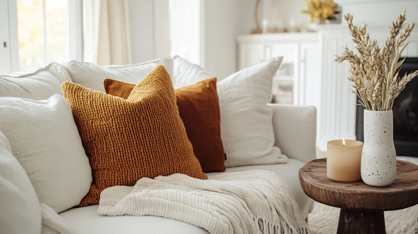 A living room adding its first early fall decorating layer — dried stems in a ceramic vase, an amber throw, and warm lamp light over a neutral base