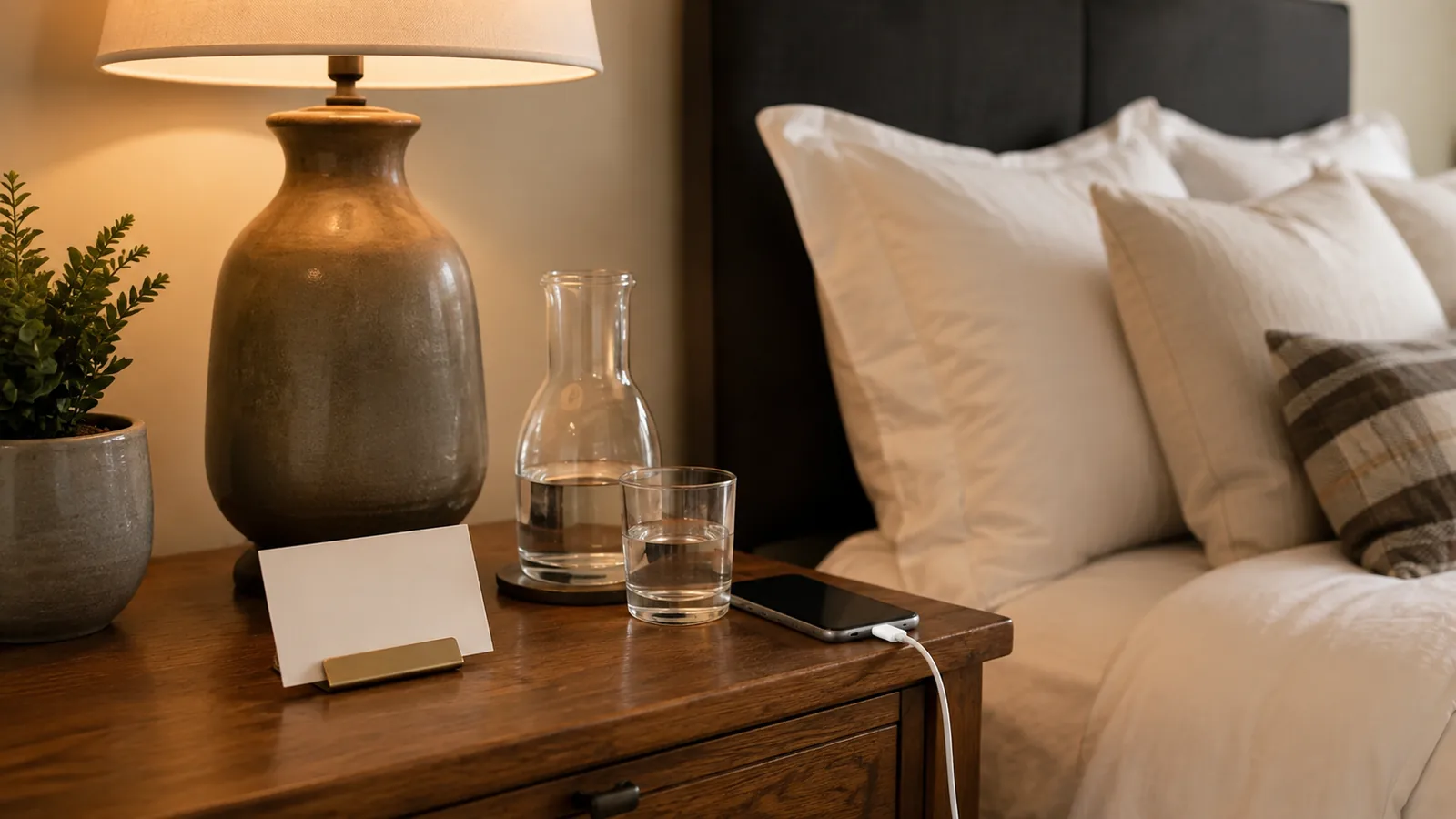 A styled nightstand with a warm brass and ceramic lamp turned on, a water carafe and glass, a coiled phone charger, and one book