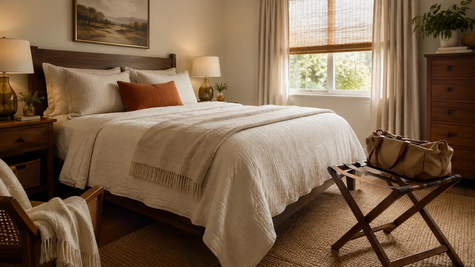 A freshly made guest bed with crisp layered bedding and a folded extra blanket at the foot
