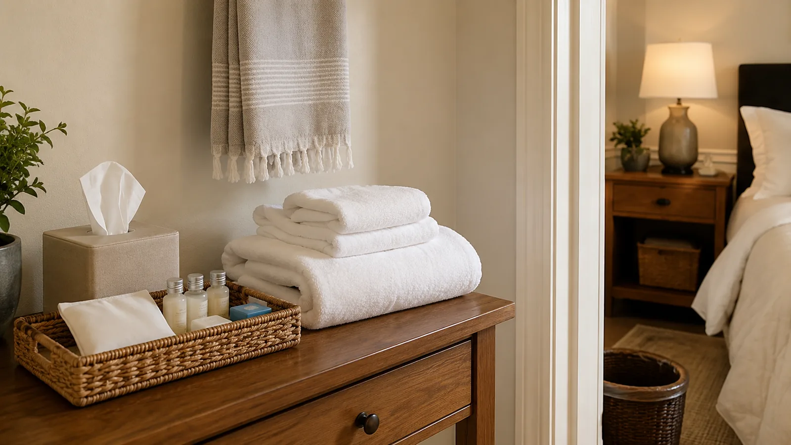 A small tray of guest basics: fresh towels, travel-size toiletries, and a box of tissues