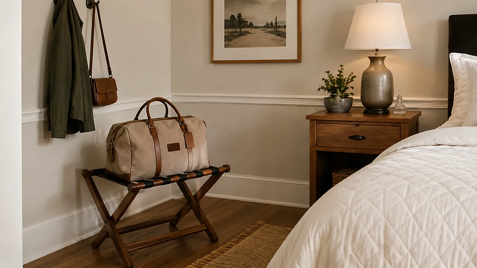 A bamboo luggage rack beside a closet with an open canvas weekend bag and a folded cardigan resting on it, slippers on the floor nearby