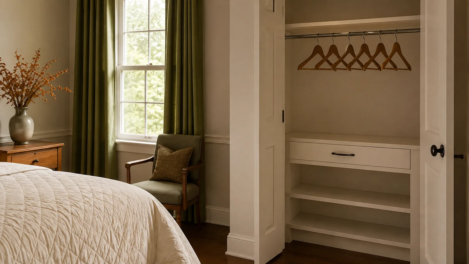 A closet section with a row of matching empty hangers, genuinely open and ready for a guest's clothes