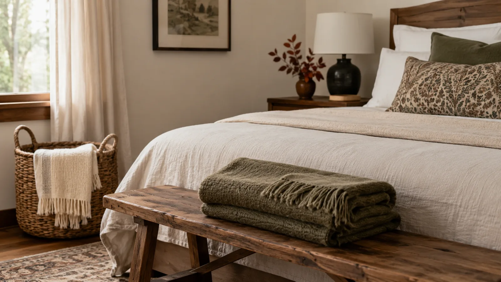 A small ceramic vase with a dried burgundy foliage stem and a warm throw folded at the foot of a guest bed, one restrained seasonal layer