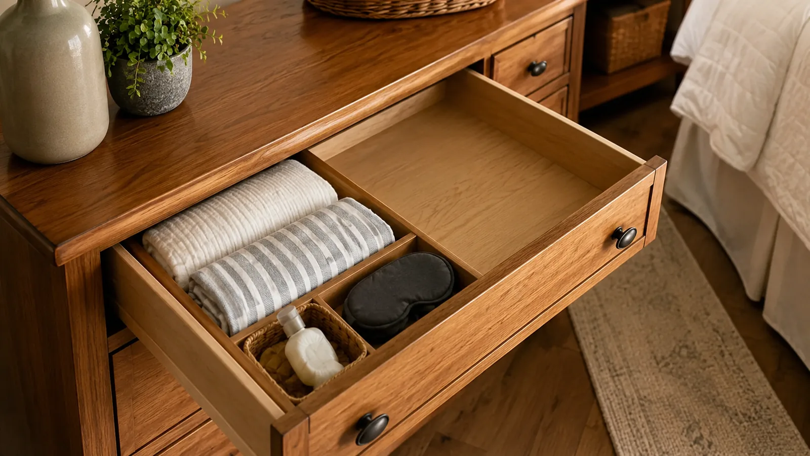 An open dresser drawer neatly organized with folded linens in labeled fabric bins