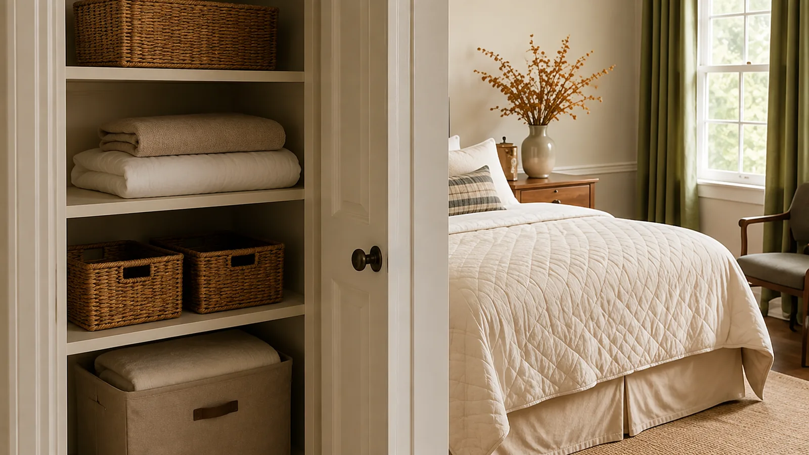 A closet shelf with woven baskets holding folded textiles, a stack of folded blankets, and a row of empty hangers waiting for a guest's clothes