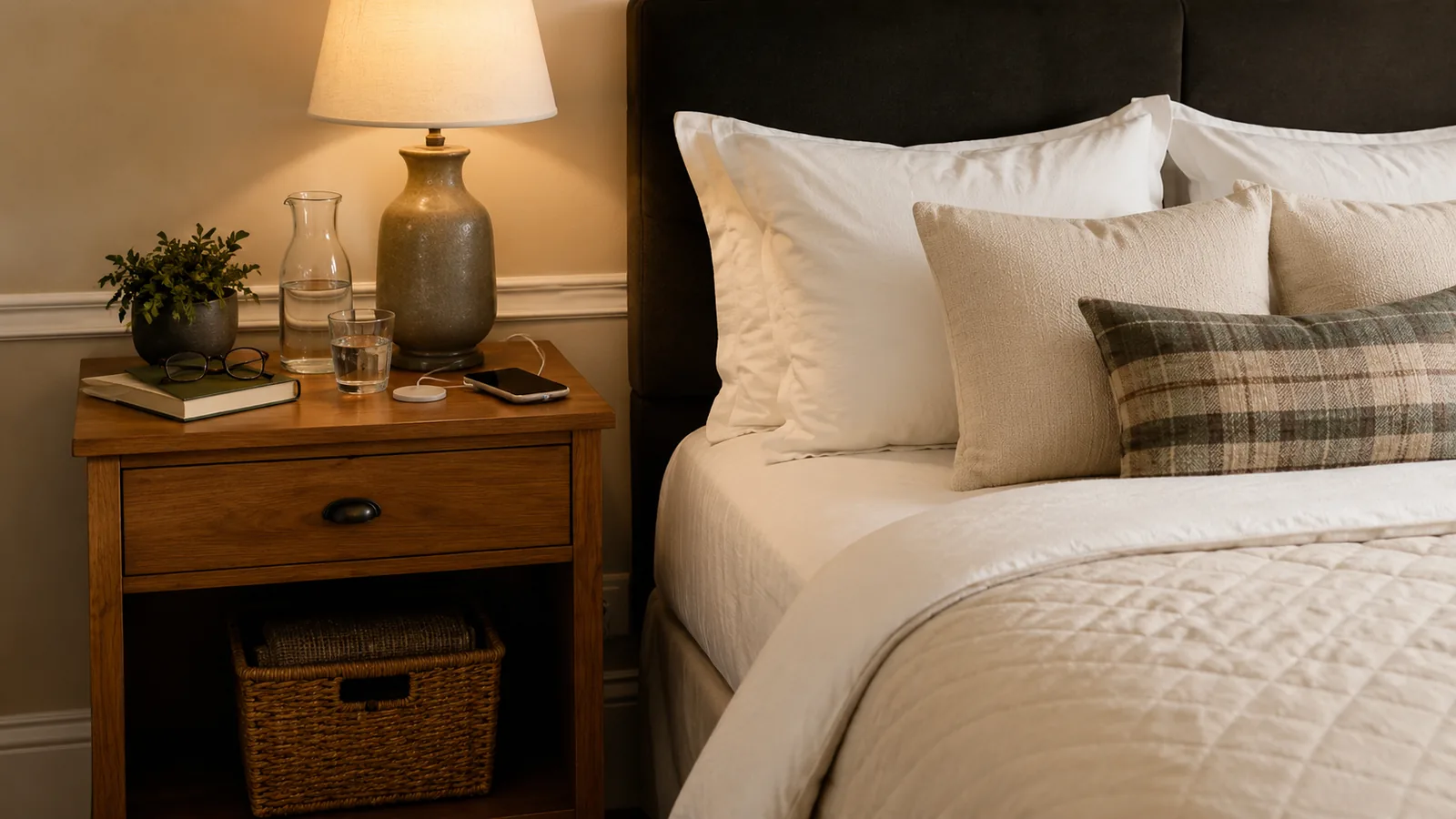 A tidy bedside area with a small note card propped near a lamp, a discreet spot for practical information like the Wi-Fi password