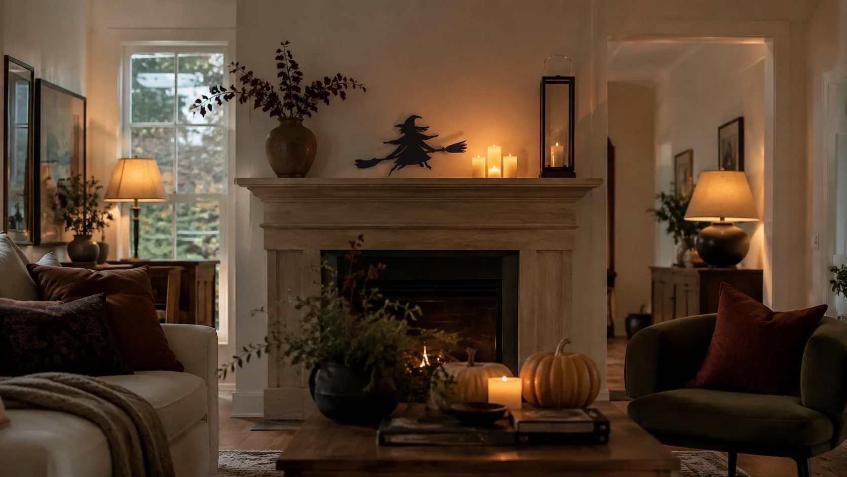 A mantel styled for Halloween with battery-operated candles, a warm lantern, and pillow covers in deep tones, lit softly instead of by overhead light