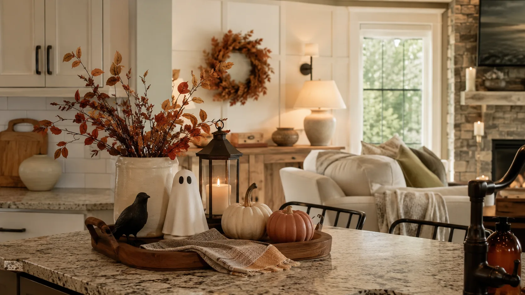 A warm front entrance with a simple wreath, one black-cat silhouette, a few neutral pumpkins, and a battery-operated lantern, styled as one of the home's few Halloween zones