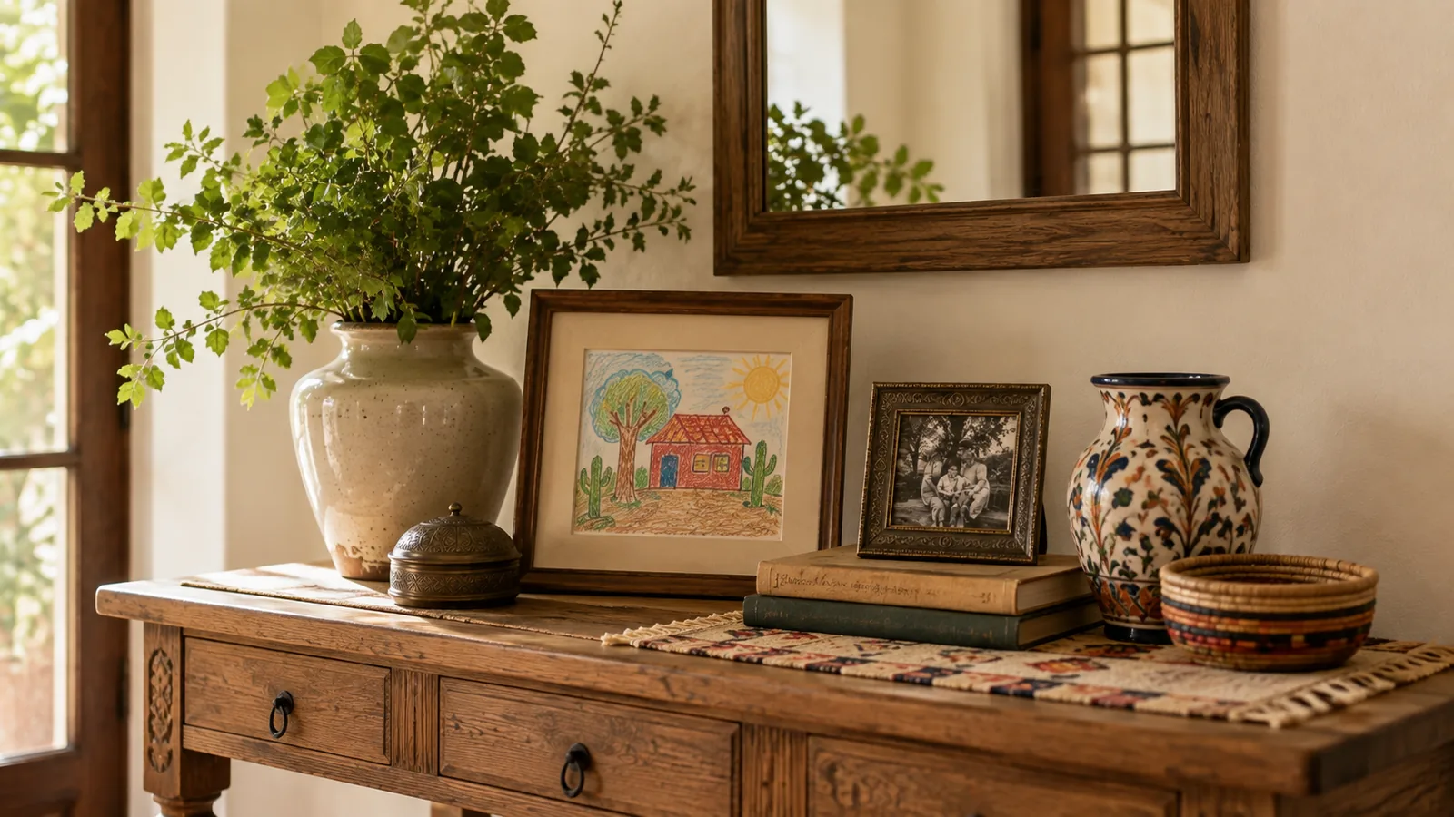 A child's drawing displayed alongside framed family photographs