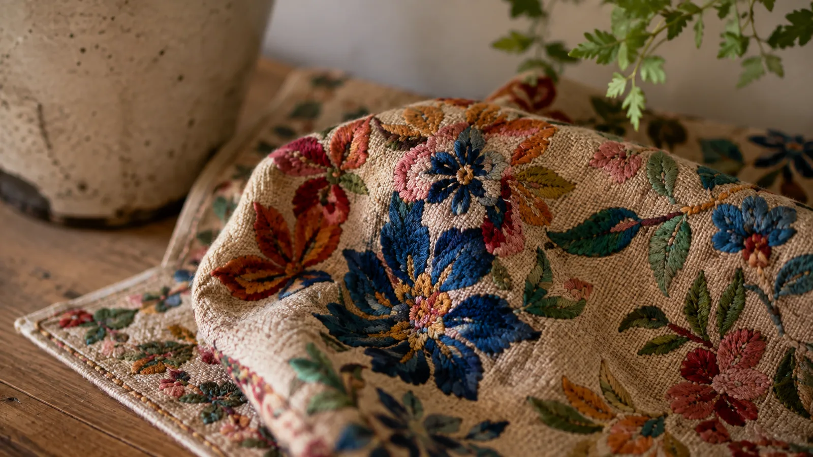 A close-up detail of Tenango-inspired floral and animal embroidery on a textile