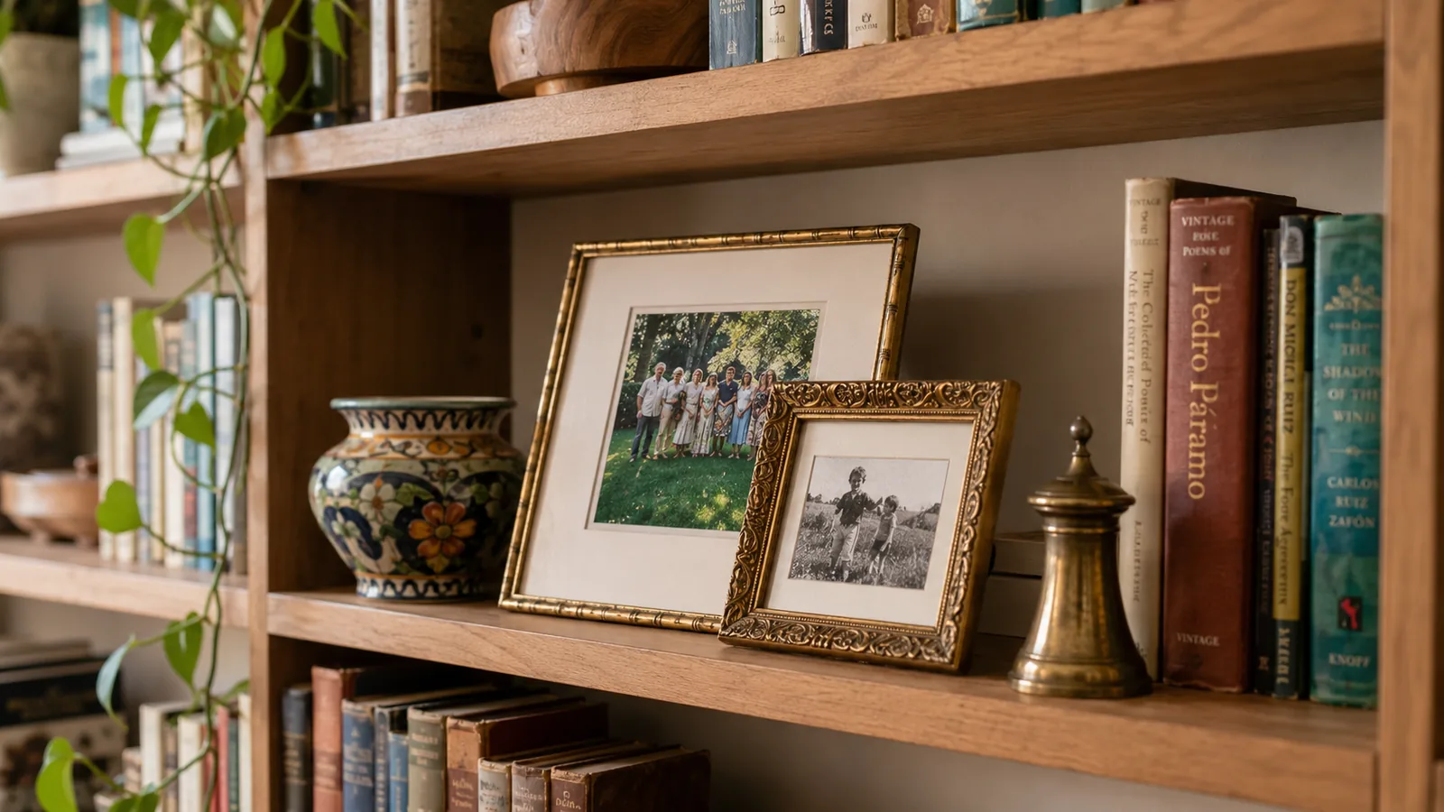 A small wall gallery of framed family photographs in a consistent frame style