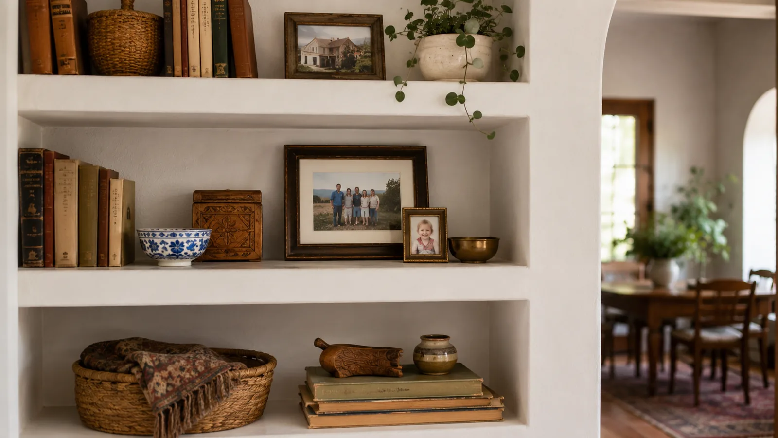 A shelf styled with framed family photos and one small keepsake object