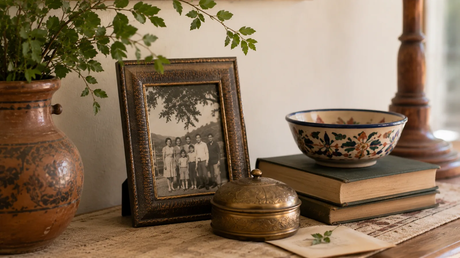 A small inherited keepsake object grouped intentionally with framed family photos