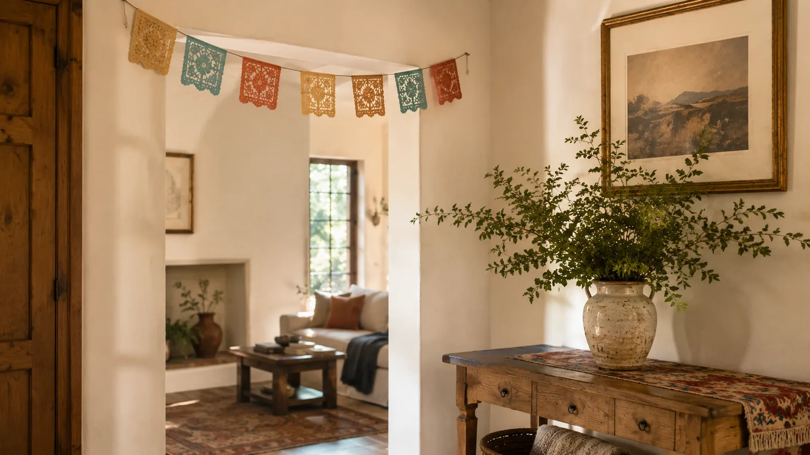 A single papel picado banner hung above a console, a small deliberate seasonal accent, not strung across the room
