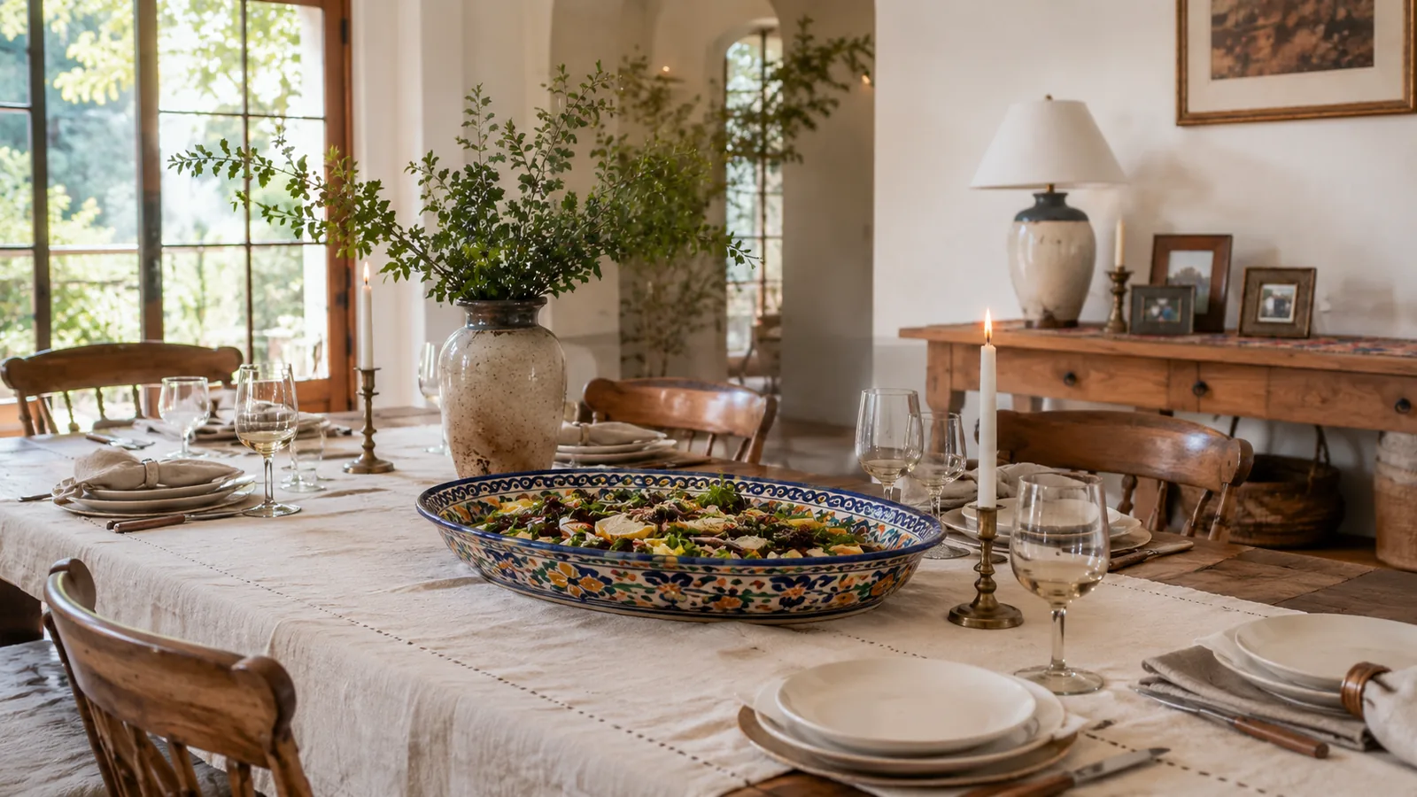 A dining table set with a Talavera-inspired ceramic serving piece, warm texture, no full matching set