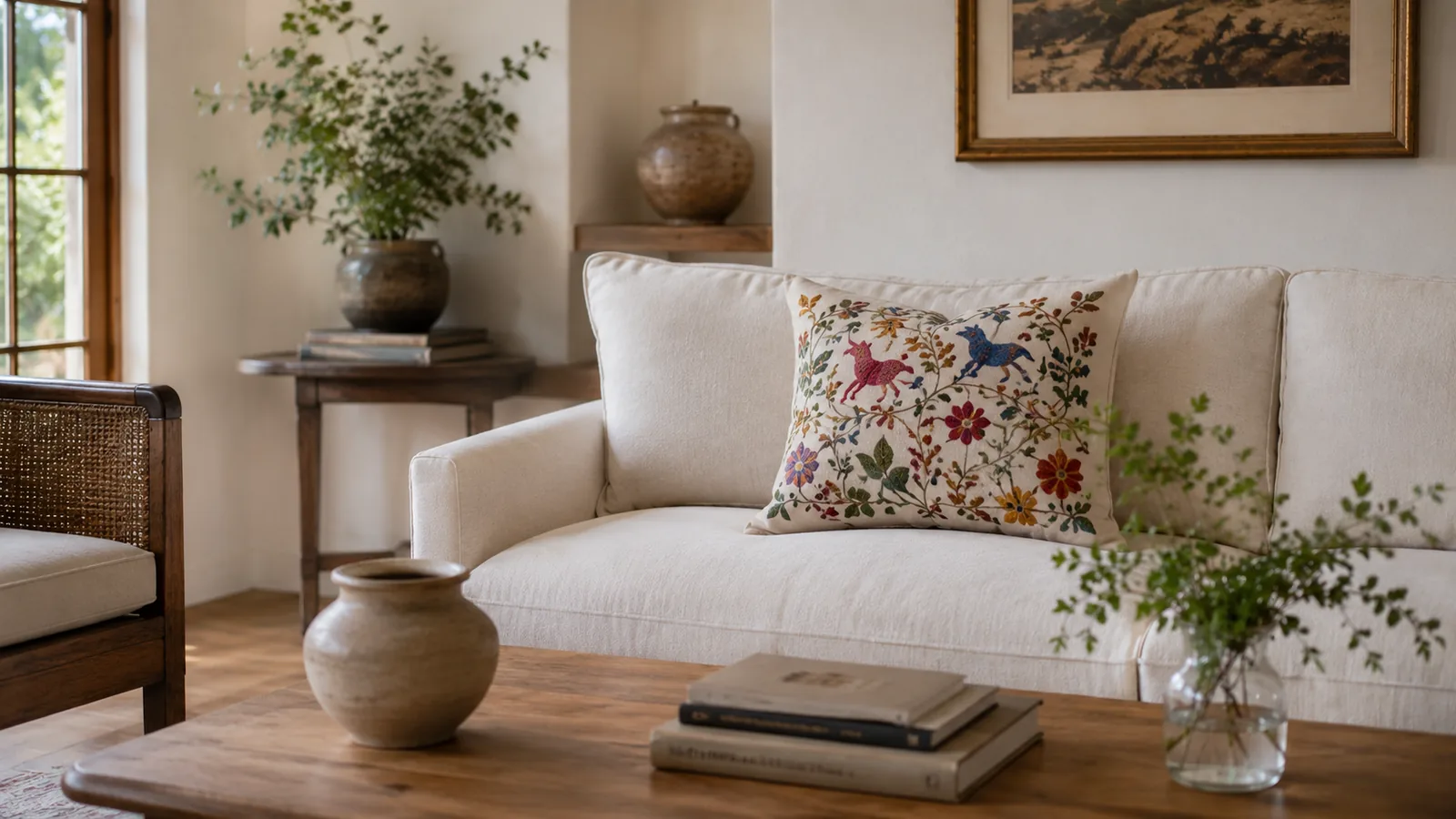 A neutral sofa layered with a Tenango-inspired embroidered pillow cover