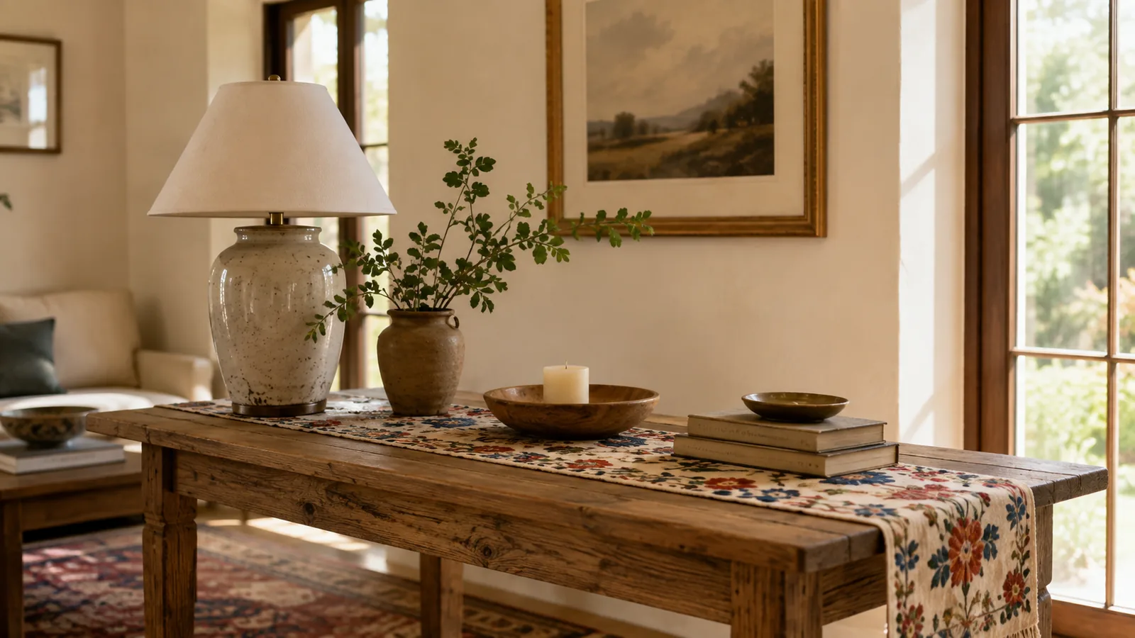 A Tenango-inspired embroidered table runner styled on a console in warm natural light