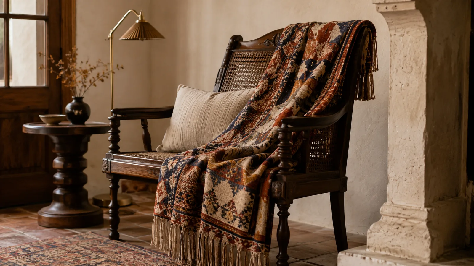 A heritage-inspired woven throw draped over the back of a chair