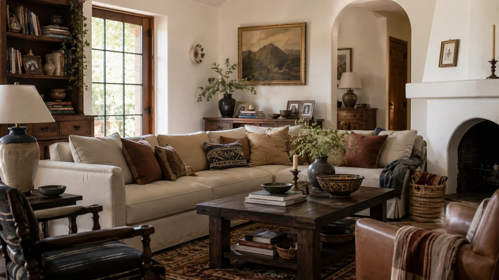 A console styled with a Talavera-inspired bowl and a family photo grouping, the pieces that stay up well past October