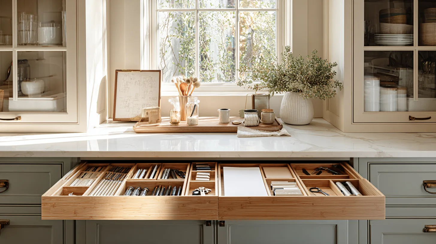 Un cajón de cocina con organizadores modulares de bambú — cada sección contiene una categoría de artículos, sin mezclar, sin amontonar