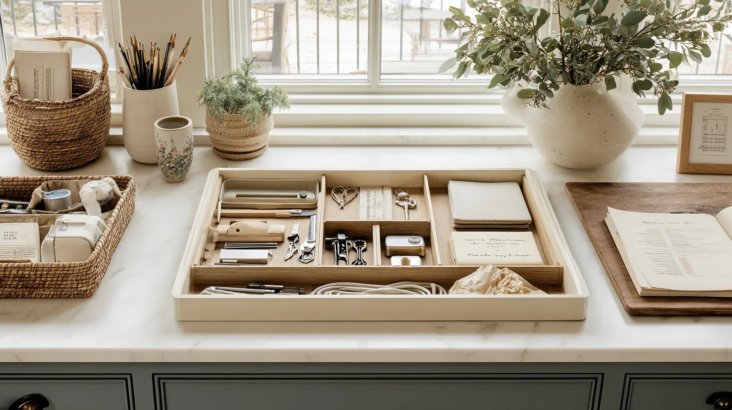 Artículos del hogar ordenados en tres grupos sobre una mesa — uno para guardar, uno para reubicar, uno para botar — orden visual claro