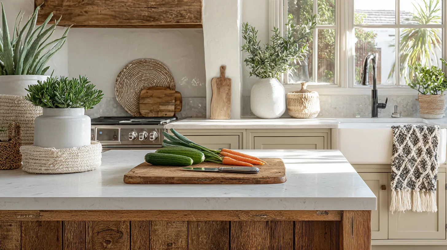 Una gran tabla de cortar de madera en una encimera de cocina con verduras frescas y un cuchillo al lado — cálida, bien usada y hermosa
