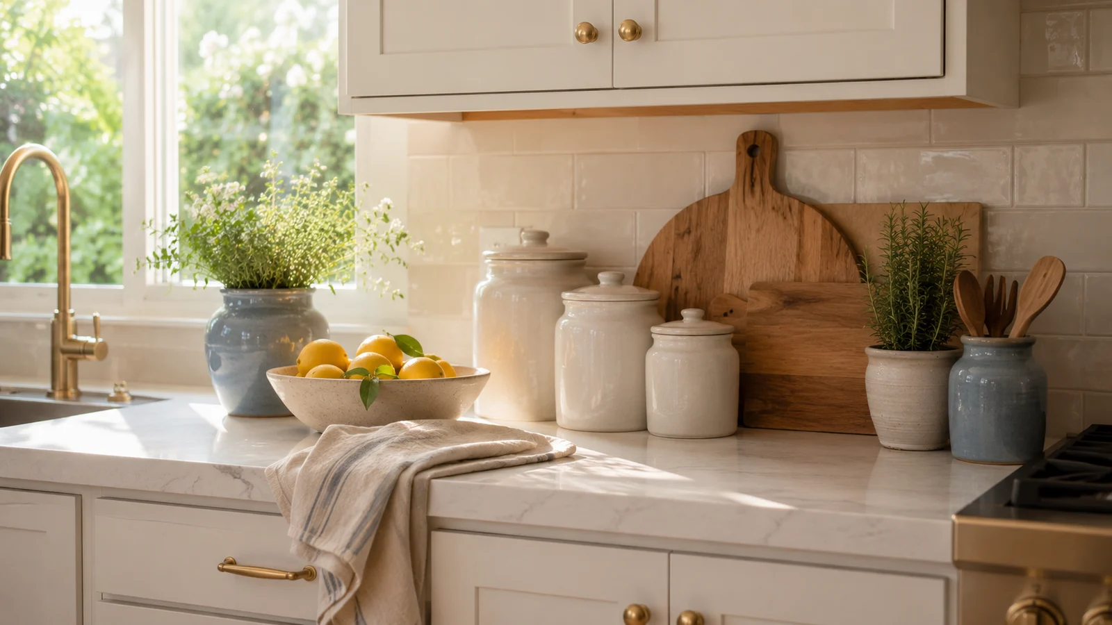 A clean kitchen counter with a wooden utensil crock, a small olive oil bottle, a ceramic salt cellar, and a dish towel — minimal and functional