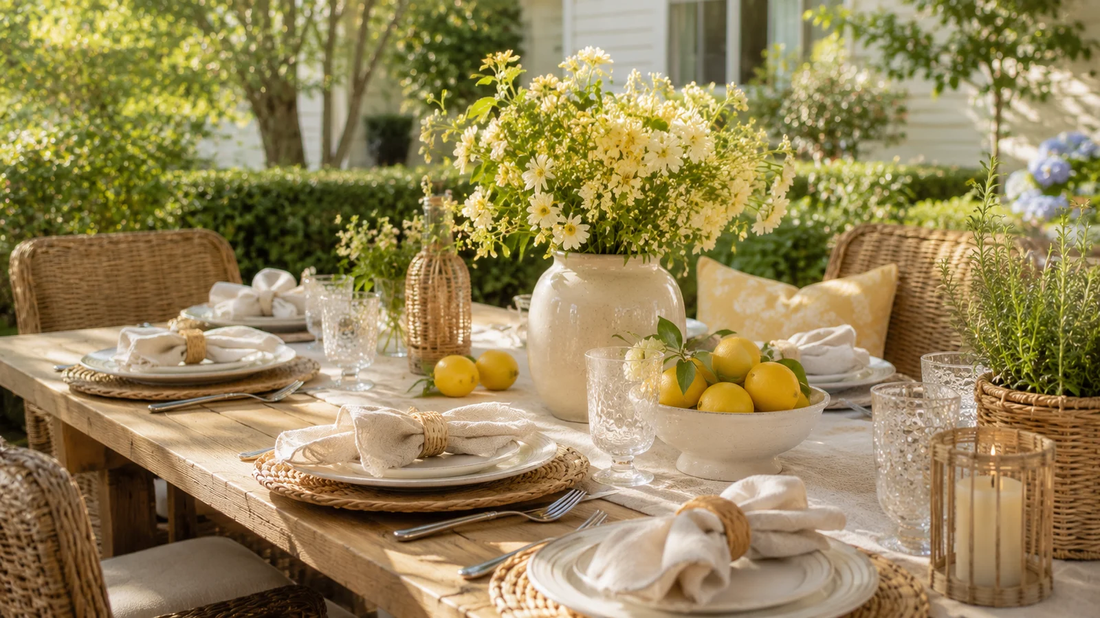 A long outdoor table laid out with a help-yourself spread — a wooden board, fruit, stacked plates and woven chargers set before guests arrive