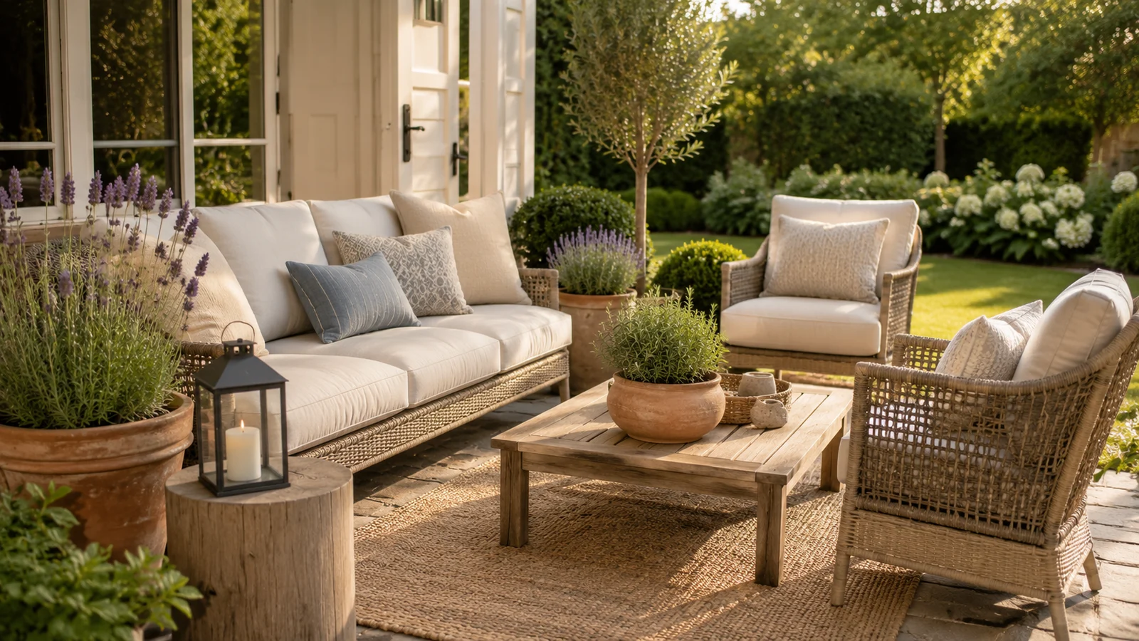 A cushioned outdoor lounge with wicker seating, a low table, and a throw on a jute rug — somewhere comfortable to land after the food