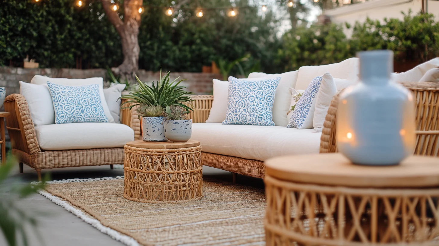 A patio at dusk lit by a warm glowing lantern and a strand of Edison string lights overhead