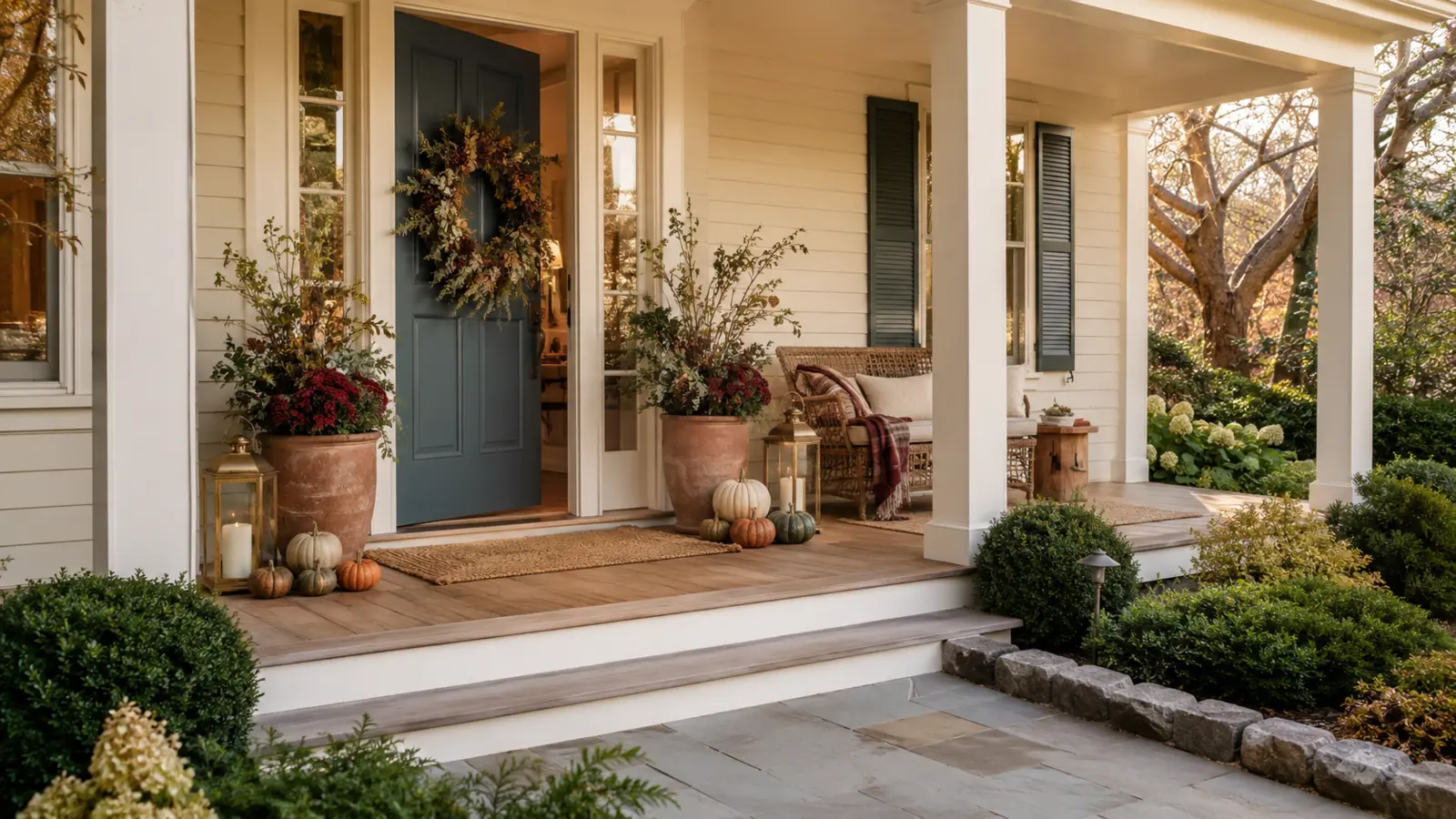 A fall porch glowing warmly at dusk while the full walkway remains clearly and safely illuminated